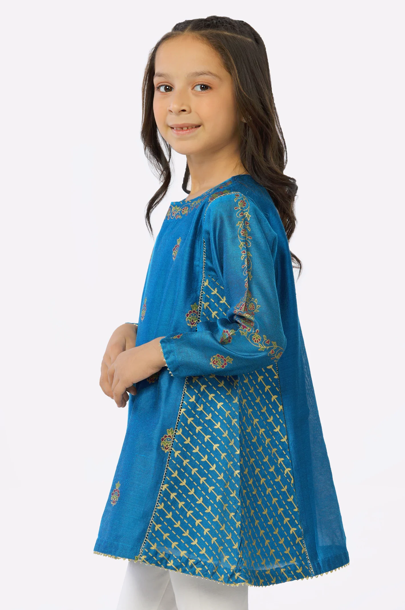 Blue Khaddi Net Block Printed Girls Kurti - Image 3